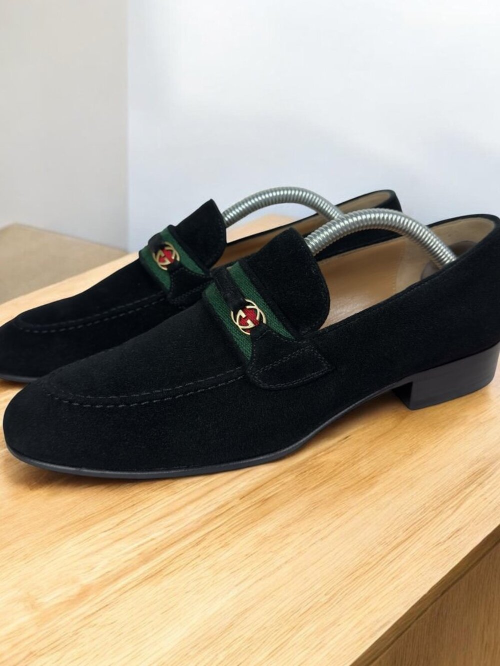 Gucci Vintage Web Horsebit Vintage Loafers Heels Black Suede 7.5 US